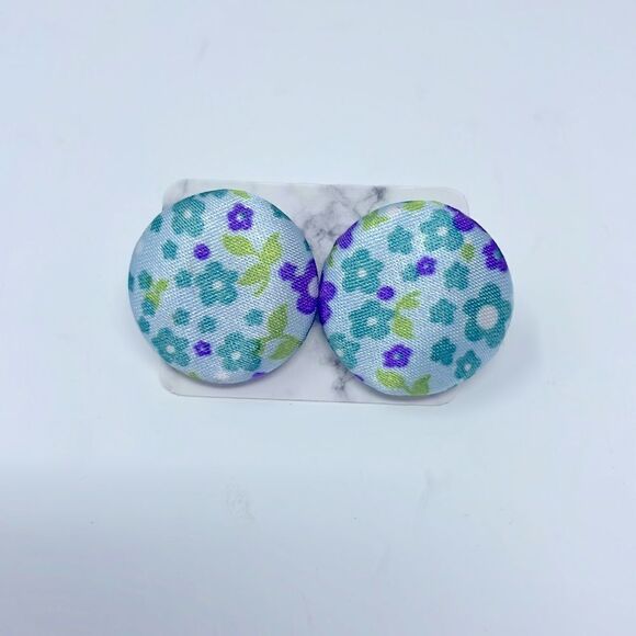 Blue Floral Fabric Button Studs Post Earrings - Picture 5 of 6